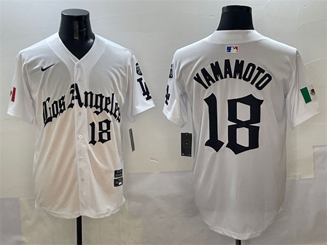Men's Los Angeles Dodgers #18 Yoshinobu Yamamoto White Mexico 2025 LA Gothic Style With Fernando Patch Vapor Premier Limited Stitched Baseball Jersey Men's Los Angeles Dodgers #18 Yoshinobu Yamamoto White Mexico 2025 LA Gothic Style With Fernando Patch Vapor Premier Limited Stitched Baseball Jersey